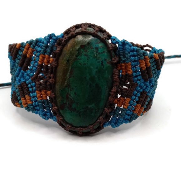 Handmade Bracelet Woven in Macrame Thread and Turquoise Natural Stone Spiritual - Picture 1 of 9